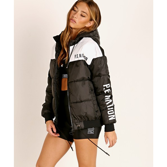 PE Nation Black & White Lead Right Logo Print 004 Zip Lined Puffer Jacket XS - Picture 2 of 14